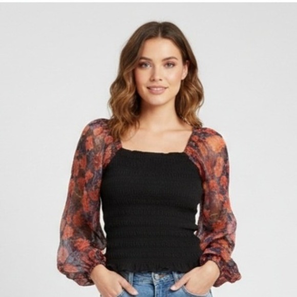 Calligraphie Tops - Calligraphie Rosette Floral‎ Puff Sleeve Tube Smocked Blouse Shirt Size Medium